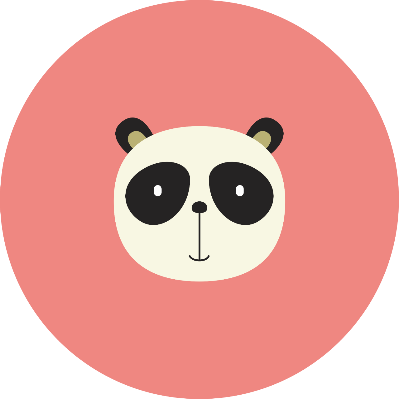 Koyu pembe bir daire içinde göz halkaları siyah ve siyah beyaz renkli bir panda başı