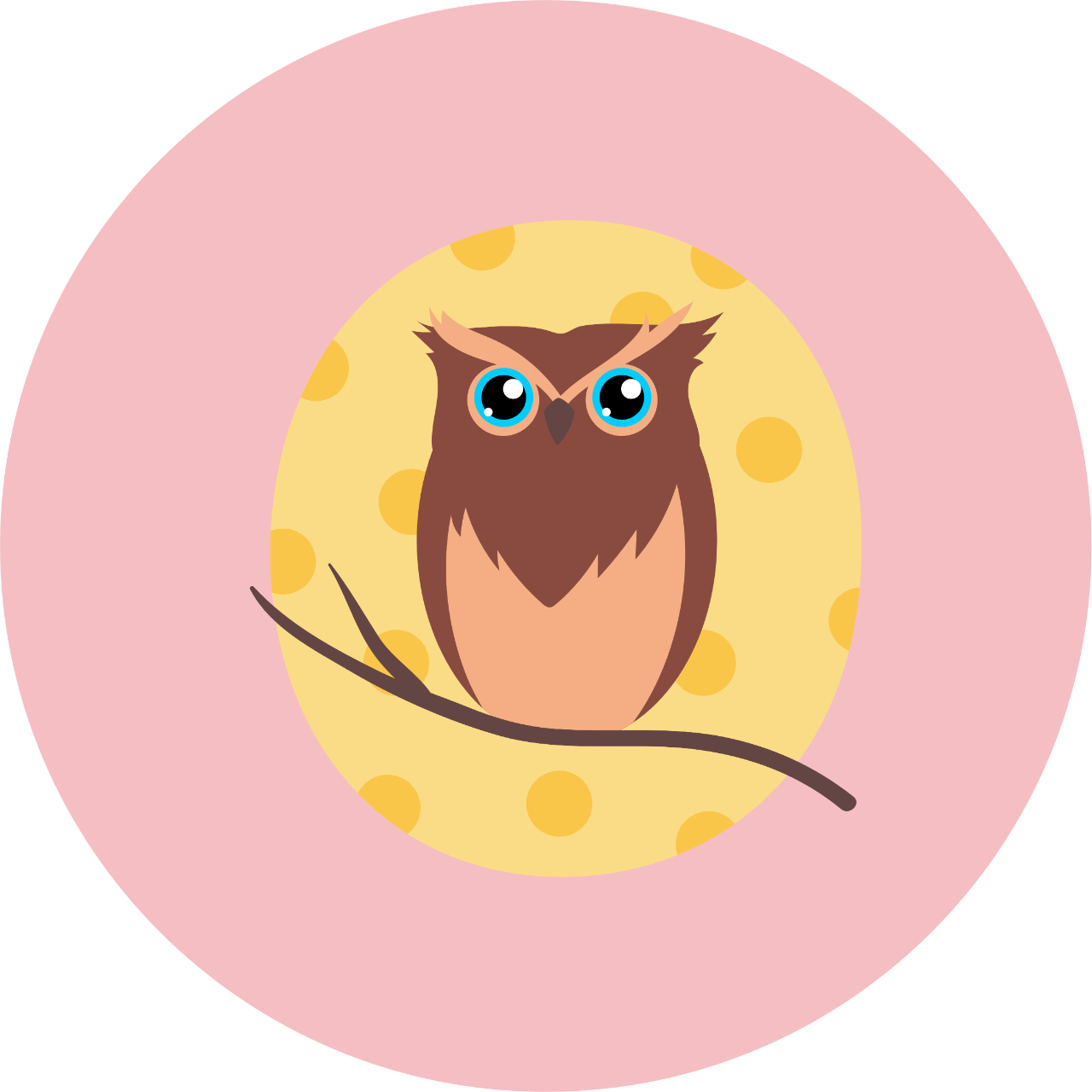 Açık pembe bir daire içinde bir dolunayın önündeki dala tünemiş mavi gözlü ve kahverengi renkte bir baykuş