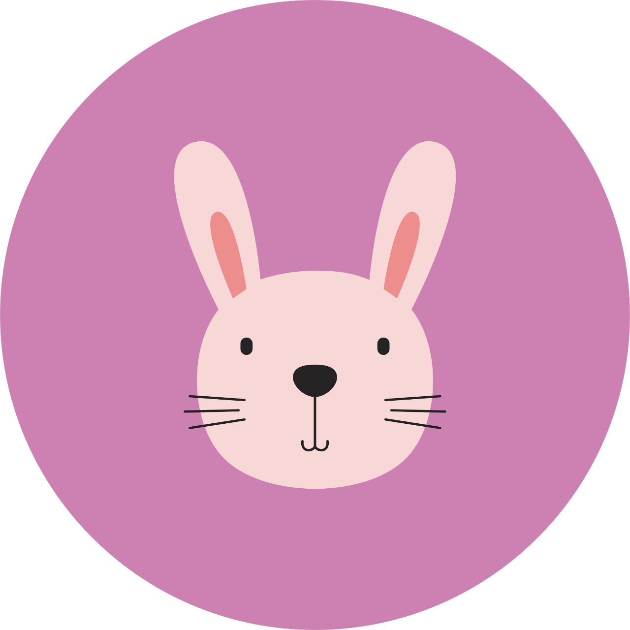 Pembe bir daire içinde pembe renkte ve siyah renkli gözleri ve burnu olan bir tavşan başı