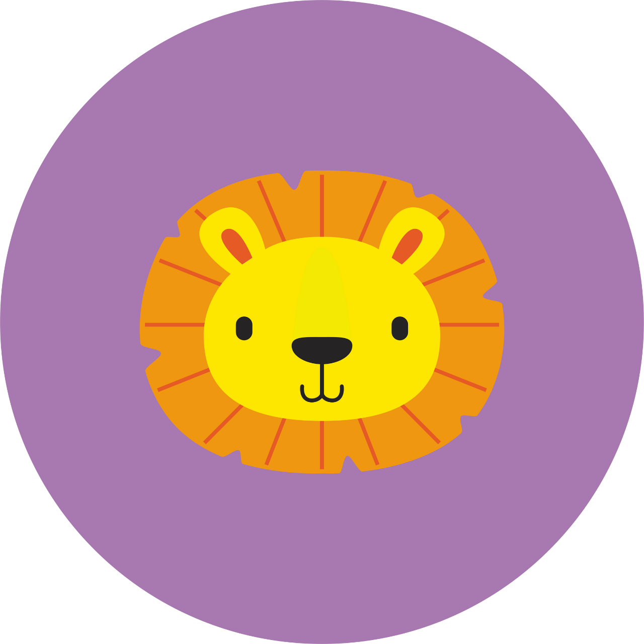 Mor bir daire içinde turuncu yelesi ve sarı renk bir kulakları olan siyah renk gözü ve burunlu bir aslan başı