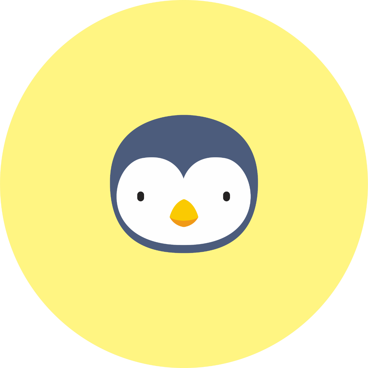 Açık sarı bir daire içinde turuncu bir gagası olan siyah beyaz renkli bir penguen başı
