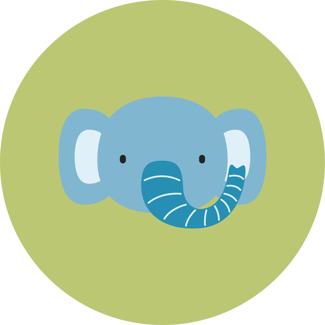 Açık yeşil bir daire içinde koyu mavi uzun bir burnu olan açık mavi renkli bir fil başı