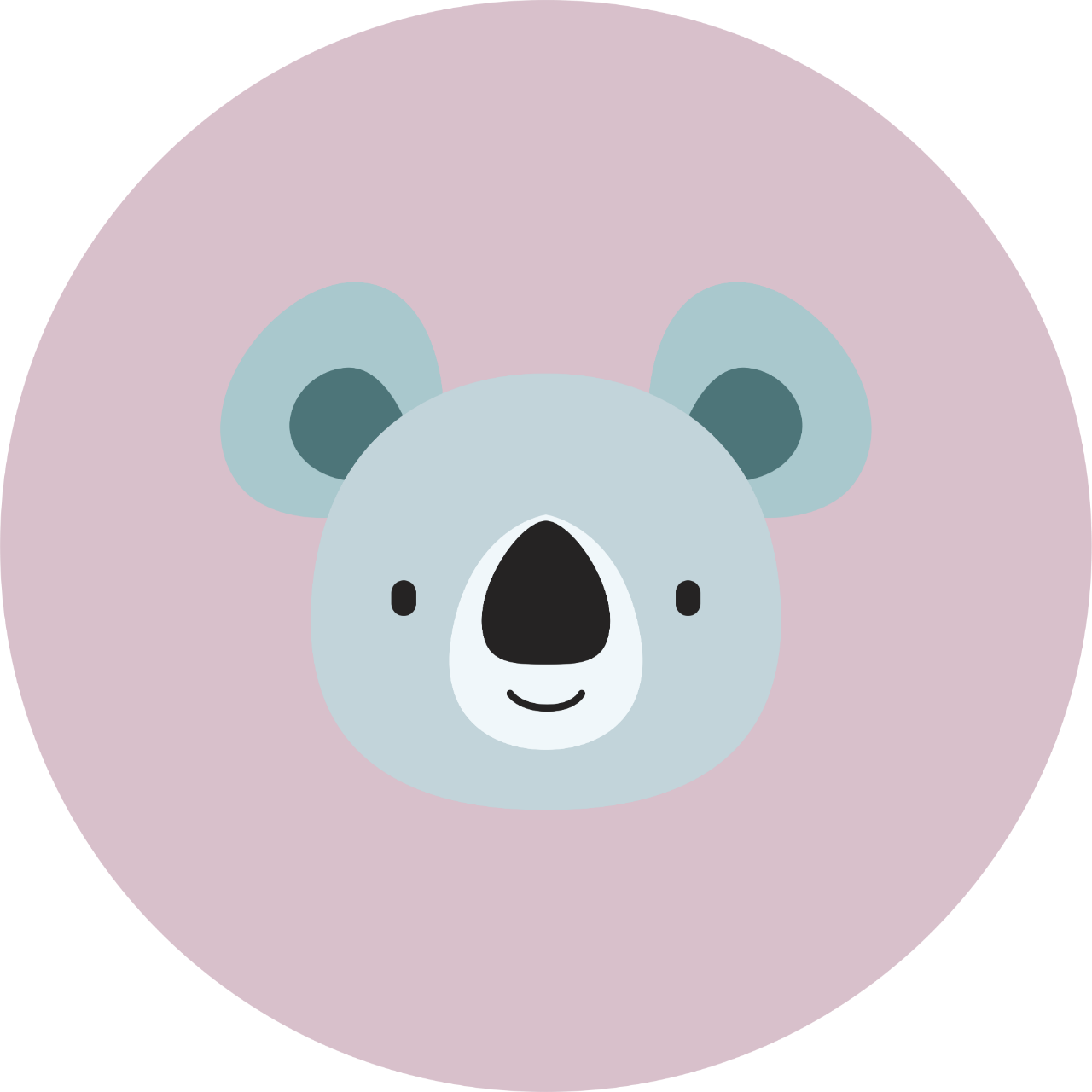 Açık pembe bir daire içinde siyah bir burnu olan gri beyaz renkli bir koala başı