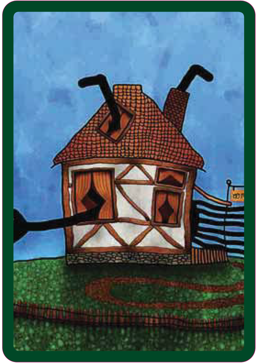 Yeşil zemin ve mavi gökyüzü arkaplanında çatısından ve pencerelerinden bacalar çıkan bir ev