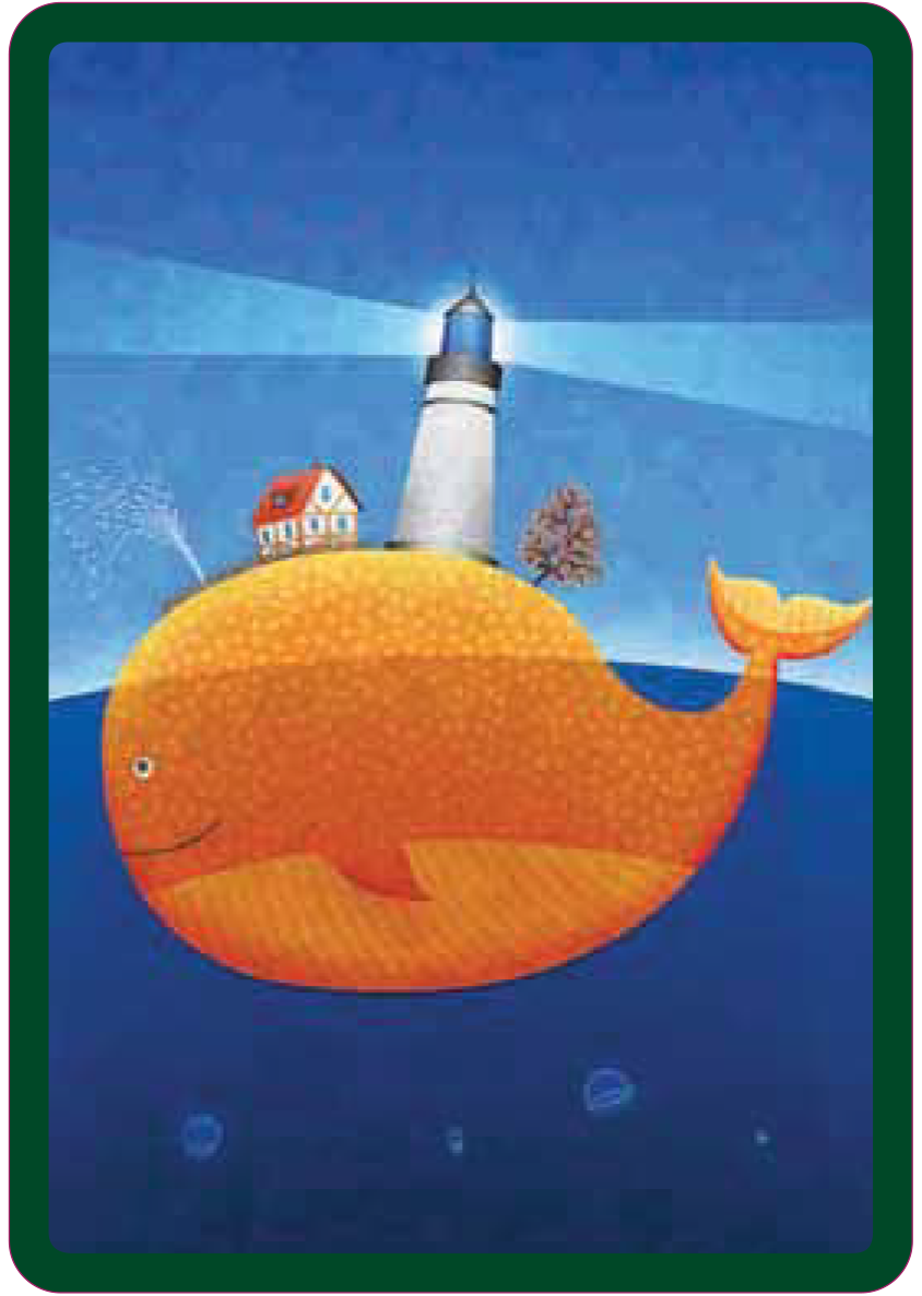 Koyu mavi denizin ve açık mavi gökyüzünün birleştiği bir çizgide turuncu renk bir balinanın üzerinde yer alan ağaçlar,ev ve deniz feneri