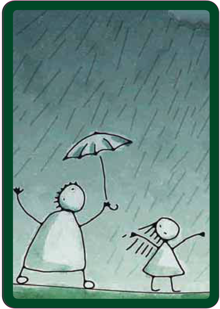 Gri renk arkaplanda yağan yağmura karşı kollarını açıp duran bir çocuk ve ona açık bir şemsiyeyle yaklaşan yetişkin.