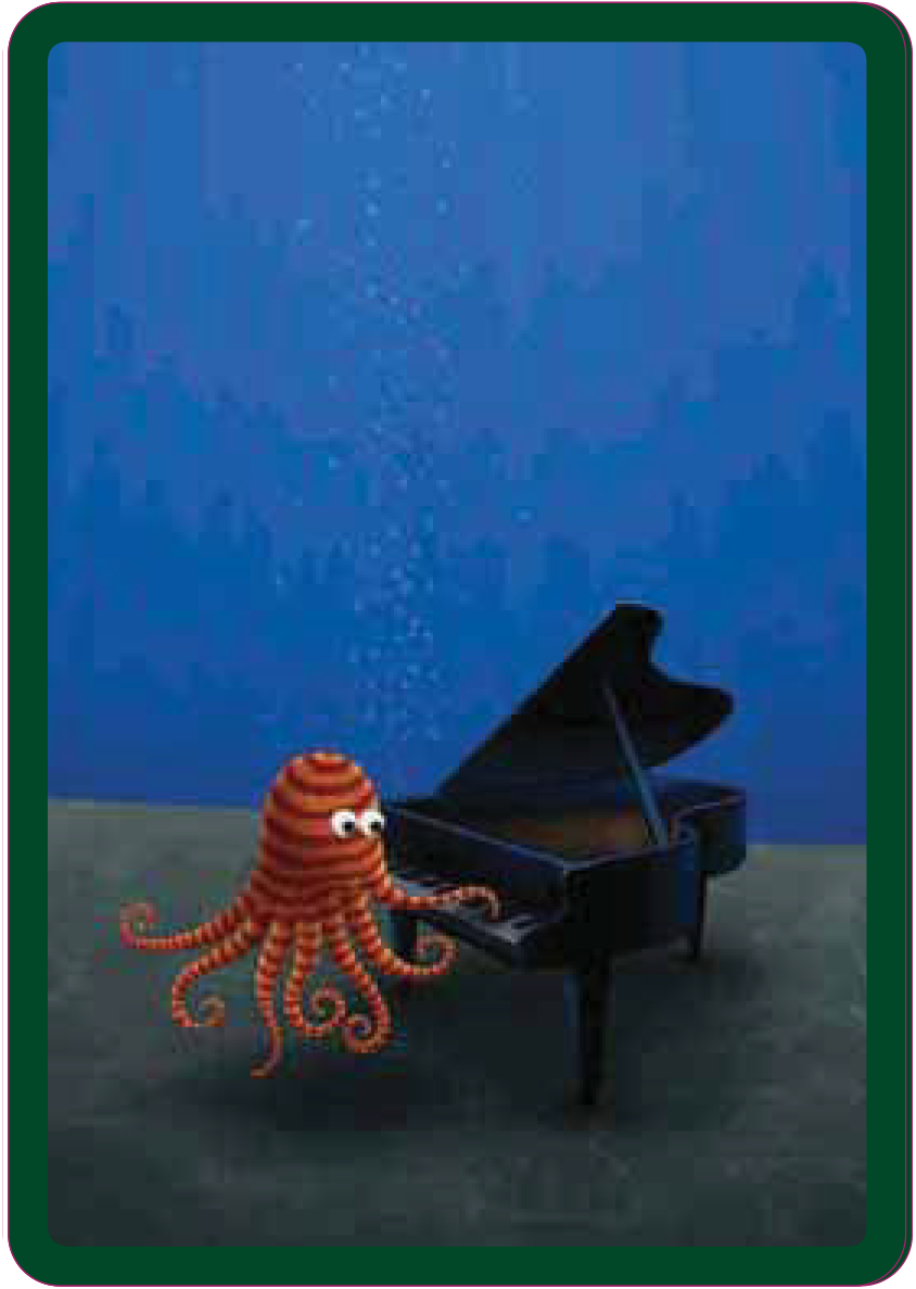 Gri zemin ve mavi gökyüzü arkaplanında siyah bir piyano çalan turuncu renk bir ahtapot