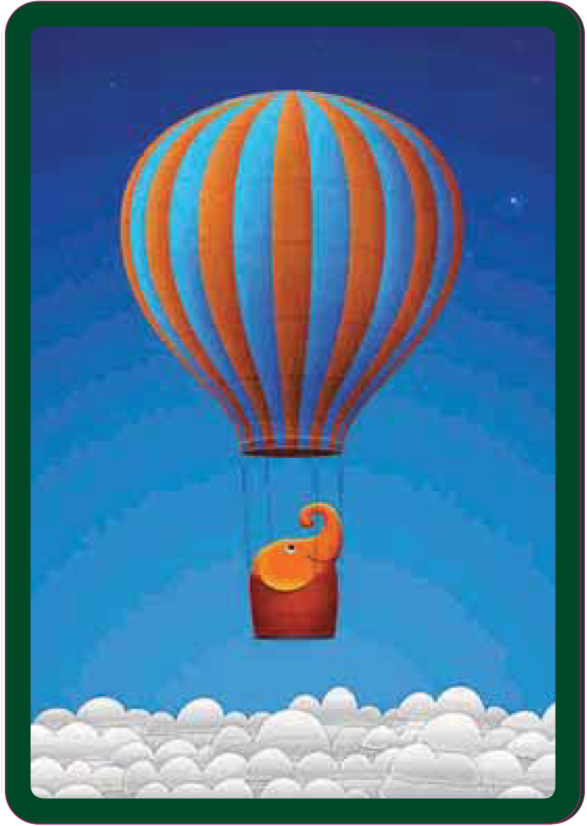Beyaz bulutlardan oluşan bir zemin ve mavi gökyüzü arkaplanında turuncu mavi çizgilerden oluşan bir balona binmiş turuncu renkte bir fil
