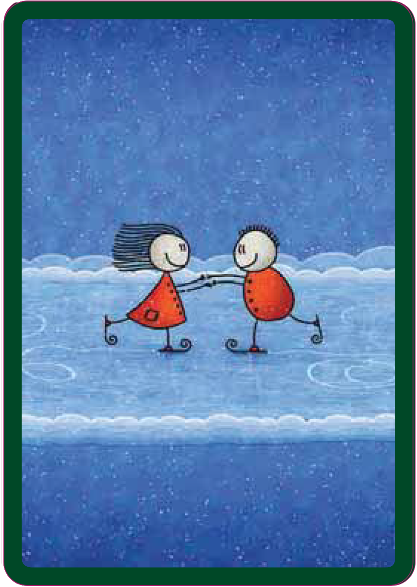 Üstü ve altında yıldızların yer aldığı gökyüzü mavisi bir arkaplanın ortasında, buluttan oluşan bir zeminde üzerinde kırmızı kıyafetler giymiş iki çocuk buz pateni yapıyor.